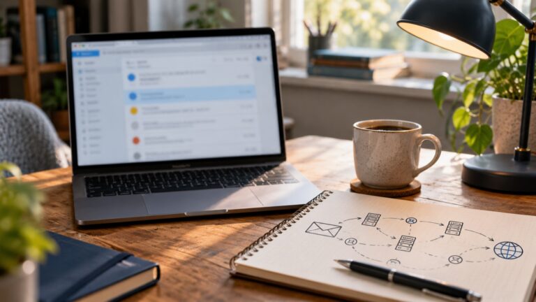 Laptop mit E-Mail-Headern und technischen Notizen auf einem Schreibtisch