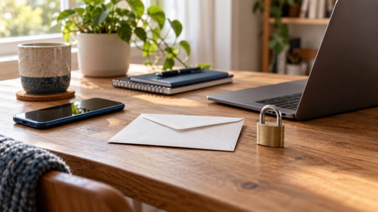 Umschlag, Smartphone und Laptop als Symbol für E-Mail-Sicherheit