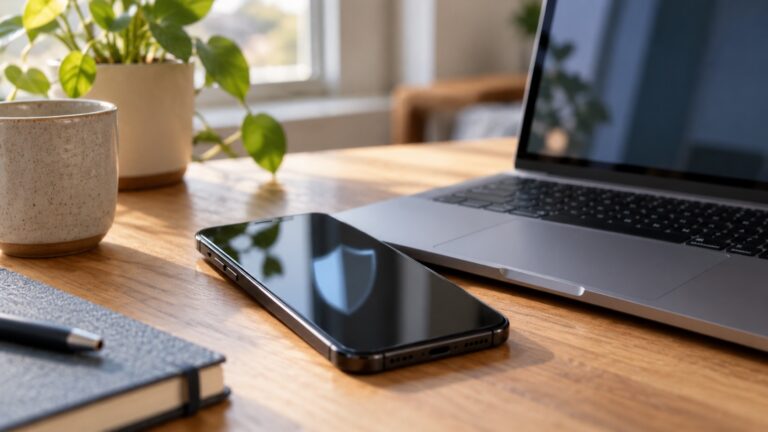 Smartphone und Laptop mit abstraktem Sicherheitssymbol für iOS