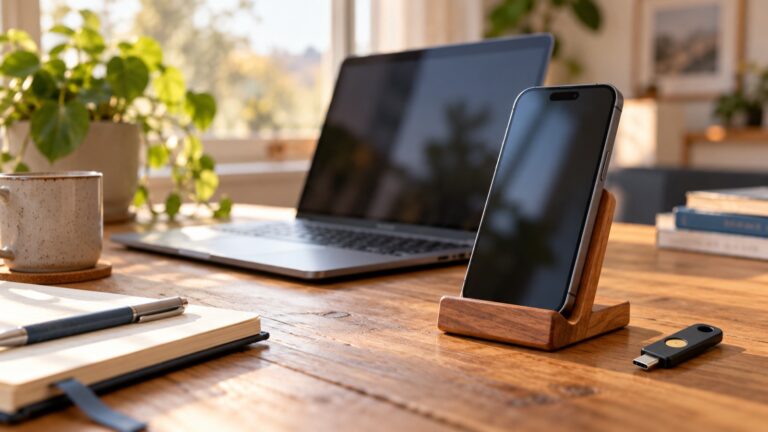 Smartphone mit Passkey-Anmeldung und Sicherheitsschlüssel