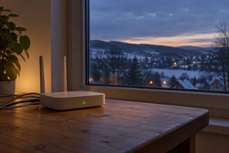 Router am Fenster mit Blick auf eine verschneite Landschaft als Symbol für Webhosting