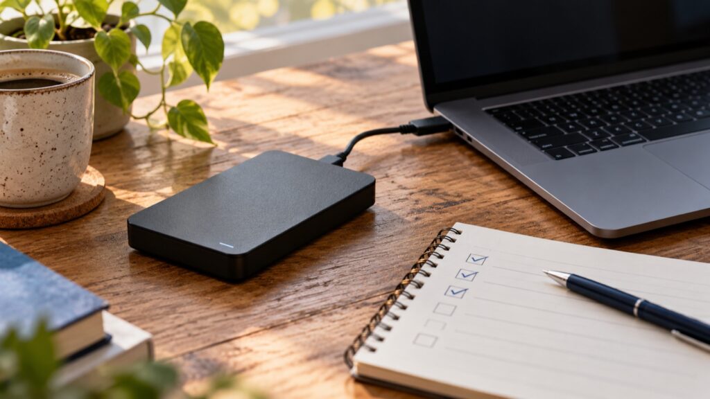 Externe Festplatte und Notizbuch als Symbol für WordPress-Backups