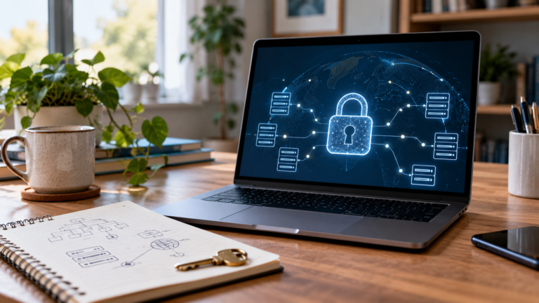 Laptop mit digitalem Schloss und vernetzter DNS-Sicherheitsübersicht