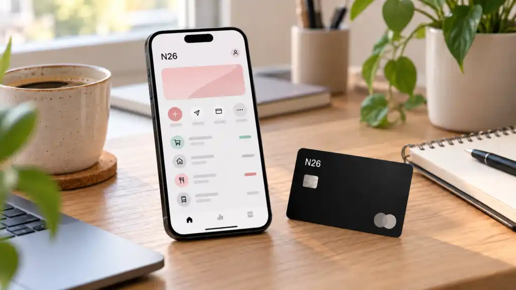 N26-App und schwarze N26-Karte auf einem Schreibtisch