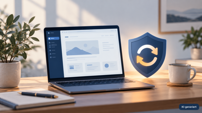 WordPress 7.1.3: Laptop mit Symbolen für Sicherheitsupdate und Wartung (KI-generiert)