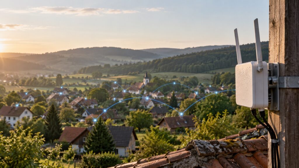 WLAN-Mesh-Netzwerk mit Freifunk-Zugangspunkt über einer Landschaft