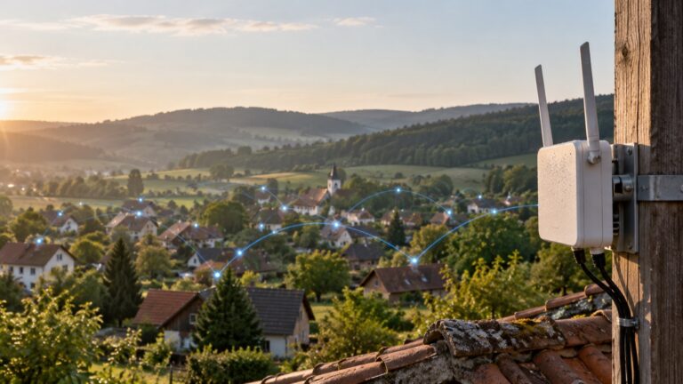 WLAN-Mesh-Netzwerk mit Freifunk-Zugangspunkt über einer Landschaft