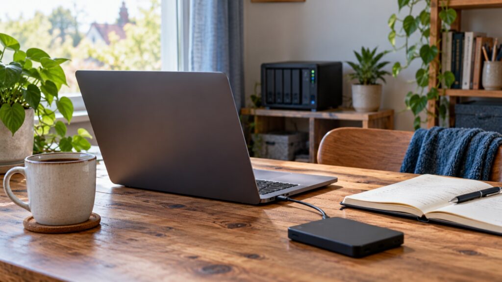 Laptop und Servertechnik auf einem Schreibtisch als Symbol für Webhosting und Backups