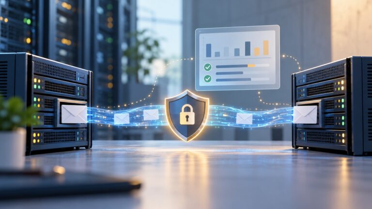 Zwei Mailserver mit verschlüsselter Verbindung, Schutzschild und Prüfbericht