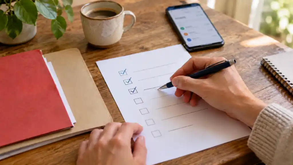Hände prüfen eine Checkliste für den Kontowechsel neben Smartphone und Kaffee
