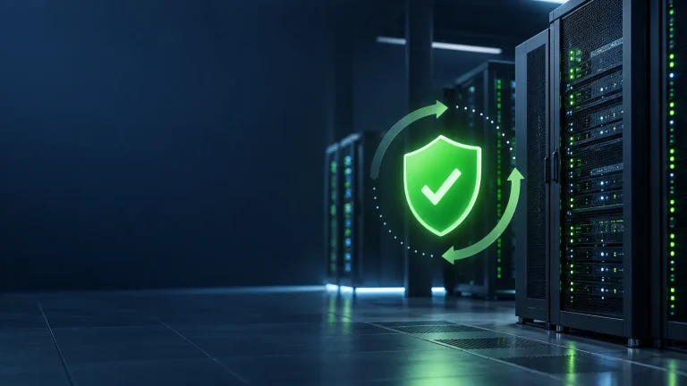 Serverrack mit grünem Sicherheitsschild nach einem erfolgreichen Plesk-Sicherheitsupdate