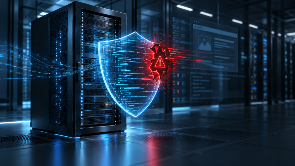 Serverrack mit leuchtendem Sicherheitsschild und Warnsymbol zur kritischen PHP-Sicherheitslücke in Plesk