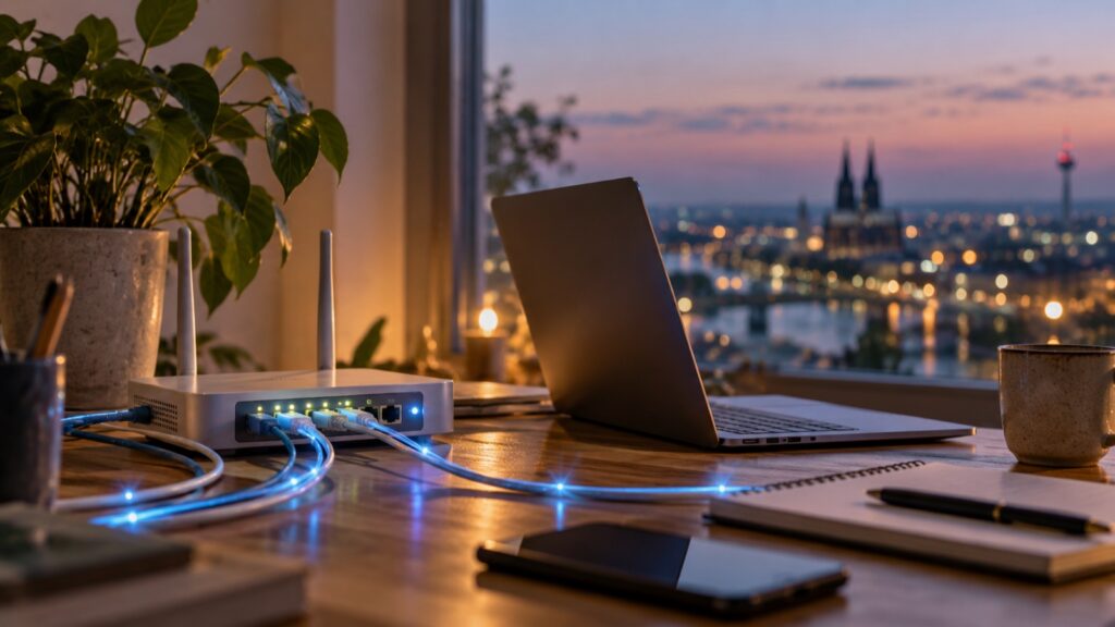 Router und Netzwerkkabel bei einer Netzwerkverbindung am Abend