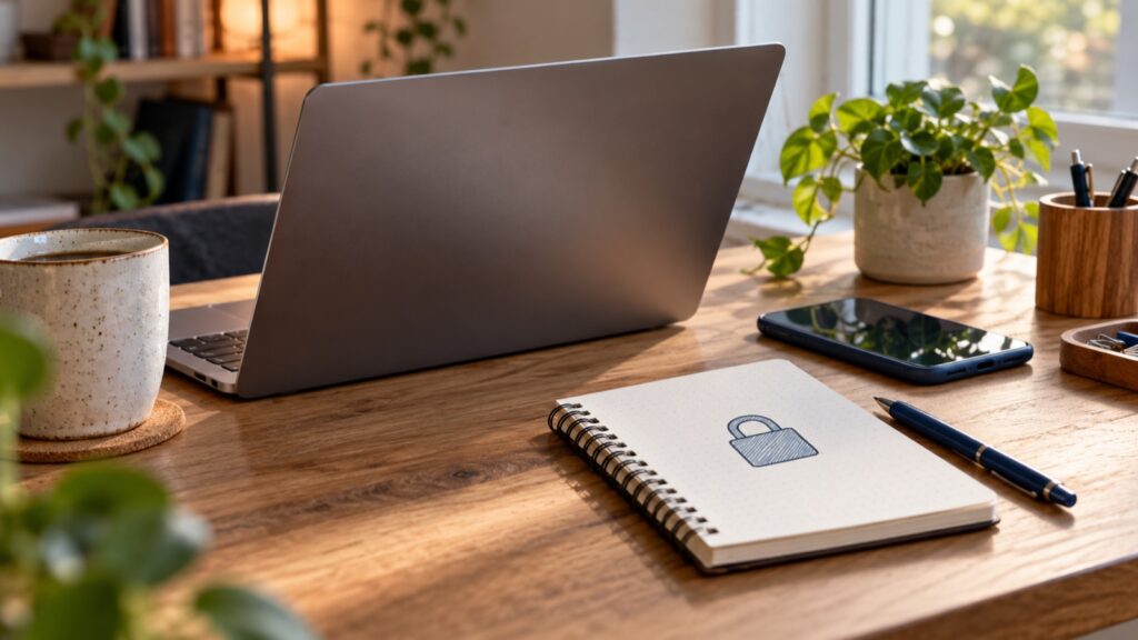 Laptop mit Sicherheitsprüfung und Wartungsnotizen für eine Website