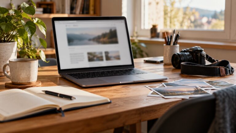 Laptop mit Website-Entwurf, Kamera und Notizen zur Weiterentwicklung einer persönlichen Website