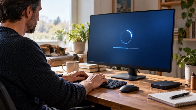 Arbeitsplatz mit Monitor und laufendem Windows-Update neben einer Datensicherung