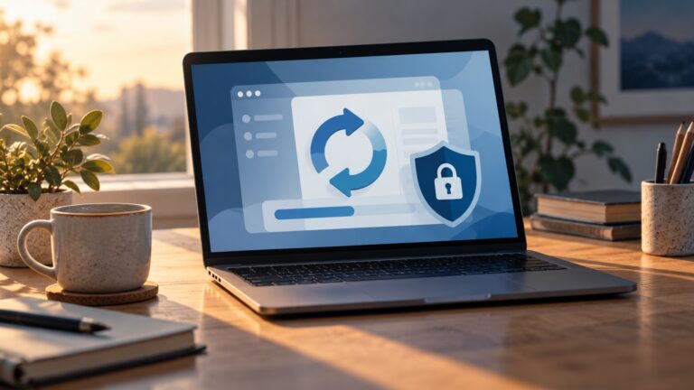 Laptop mit abstraktem Website-Update und Sicherheitsschutz
