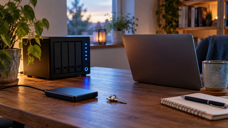 Monitor mit WordPress-Sicherheitsupdate, Server und Backup-Laufwerk
